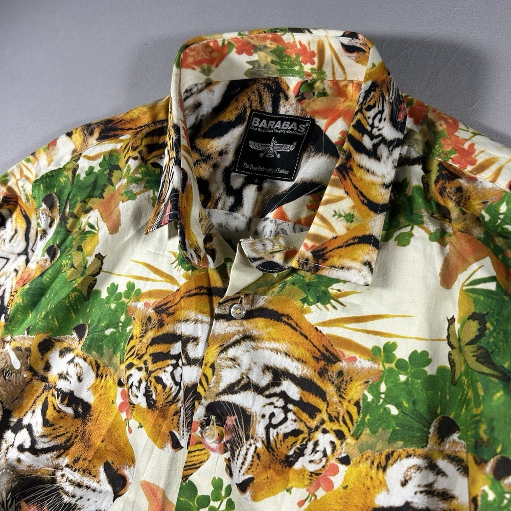 Mens Barabas Tiger Print Button Up Shirt Large Long Sleeve Floral